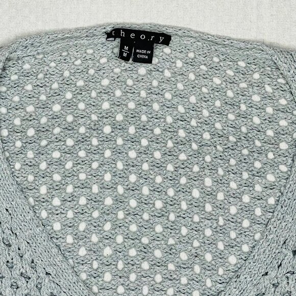Theory Light Blue / Grey Open-Knit V-Neck Sweater | 100% Cotton | Size Medium - Picture 2 of 7